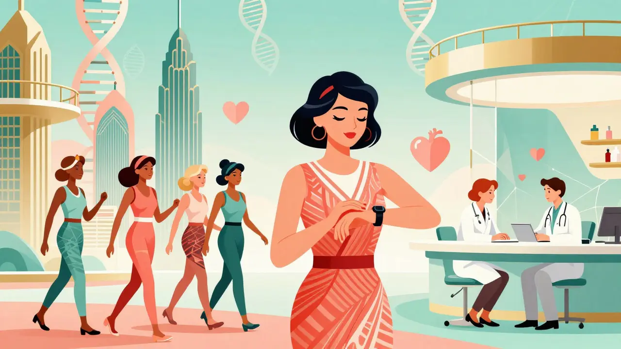 Retro-futuristic Art Deco scene of women engaging in healthy activities and medical consultations