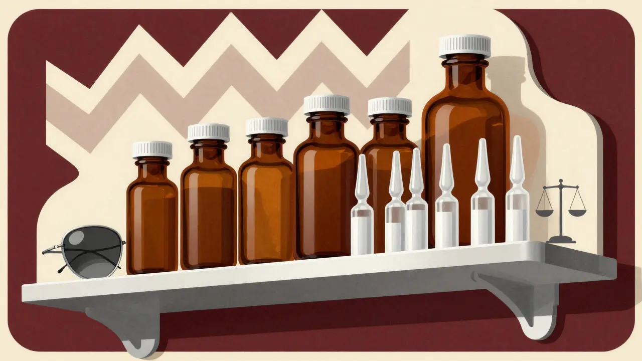 Stylized art deco image of properly stored amber medication bottles