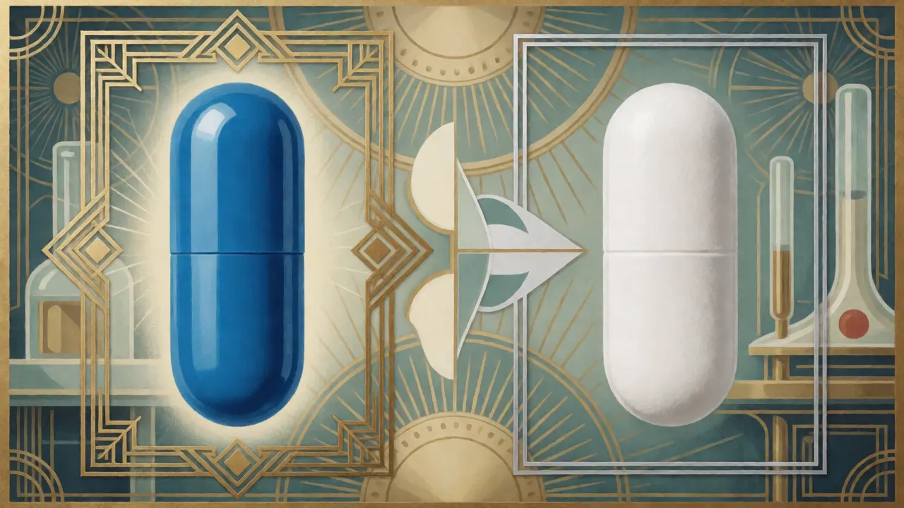 Stylized comparison of a blue brand capsule and white generic tablet in an Art Deco lab setting.
