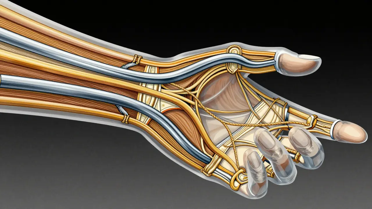 Stylized cross-section of a hand revealing thickened palmar fascia cords