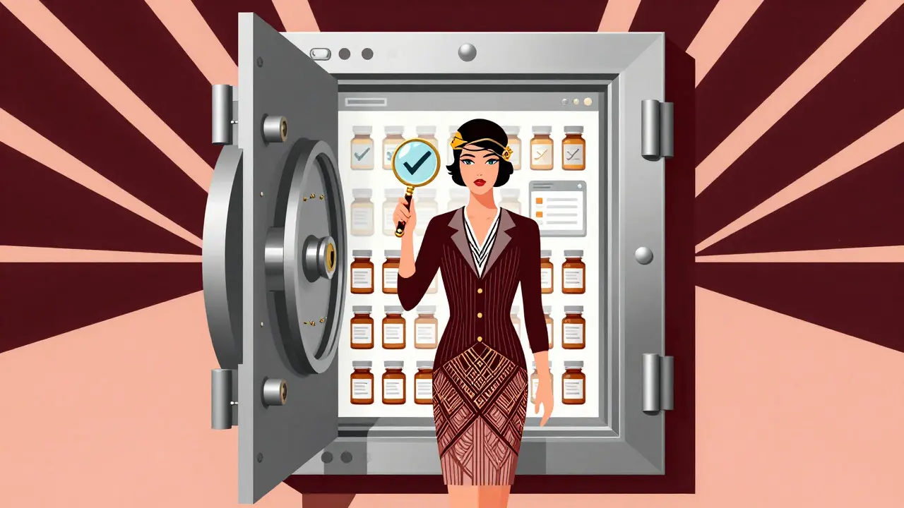 Stylized figure verifying online pharmacy details through a geometric vault interface