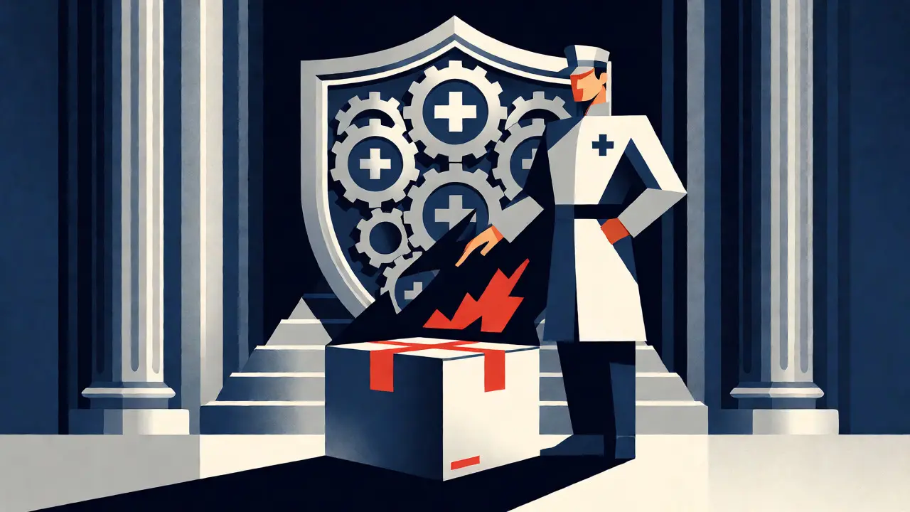 Stylized pharmacist guarding a medicine box from counterfeit threats in an Art Deco shield design.