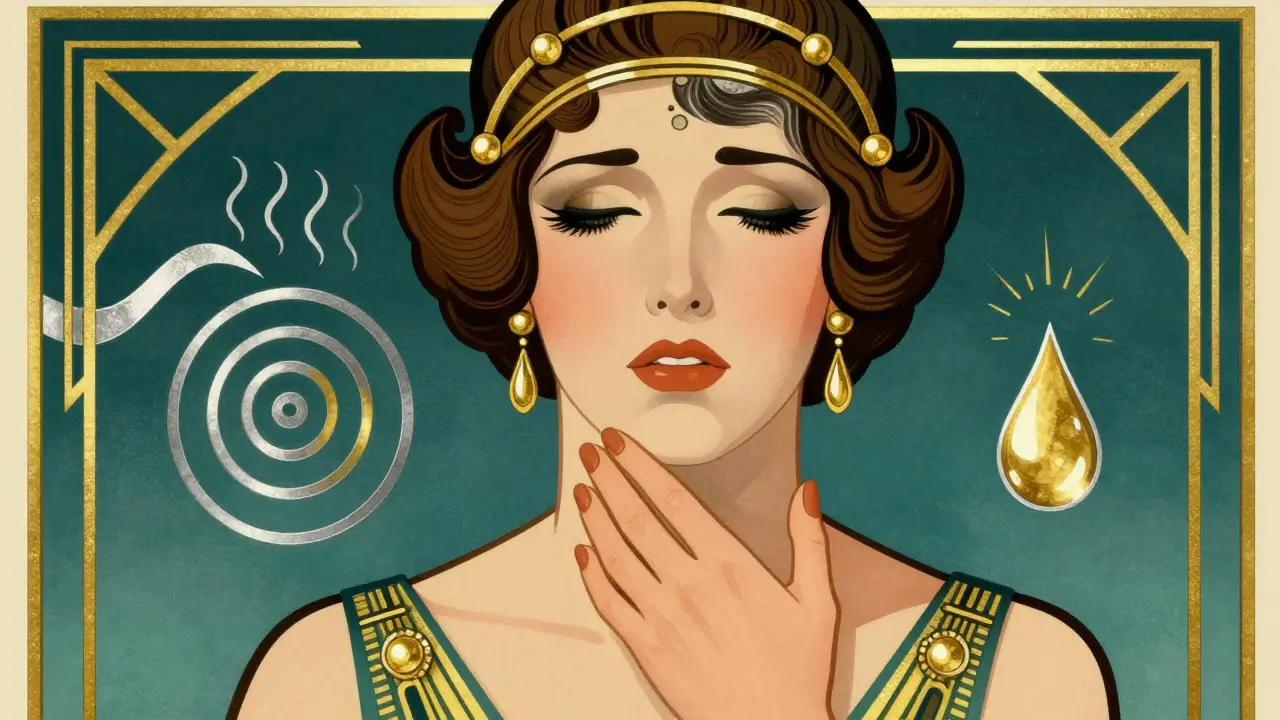 Stylized portrait of a woman holding her jaw, surrounded by abstract symbols of atypical heart symptoms