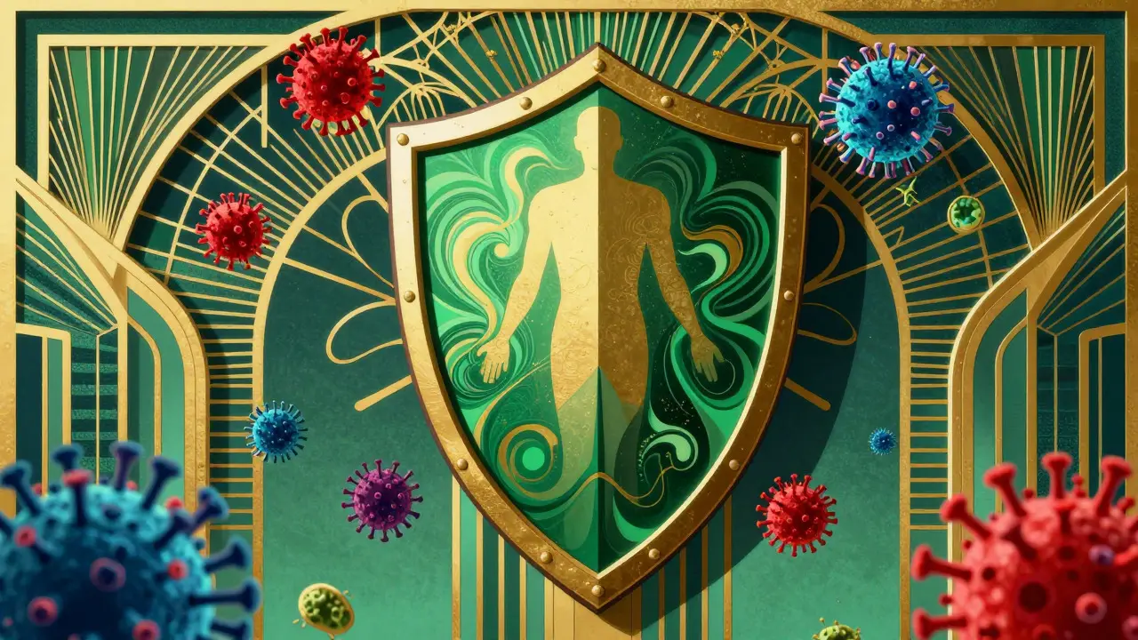 Stylized shield protecting a silhouette from abstract virus shapes in Art Deco style