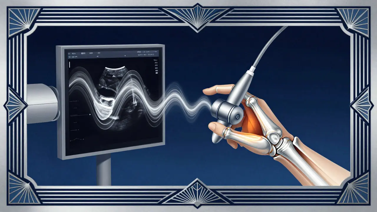 Stylized ultrasound waves scanning a wrist joint in Art Deco art