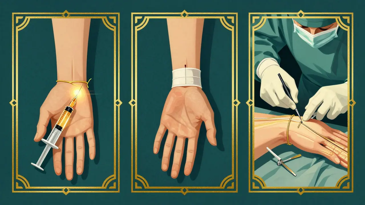 Vintage-style graphic comparing injection, needle, and surgical treatments